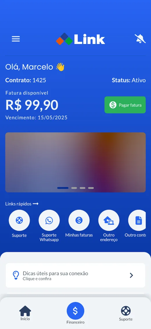 Tela inicial do app Minha Link Internet mostrando fatura e atalhos