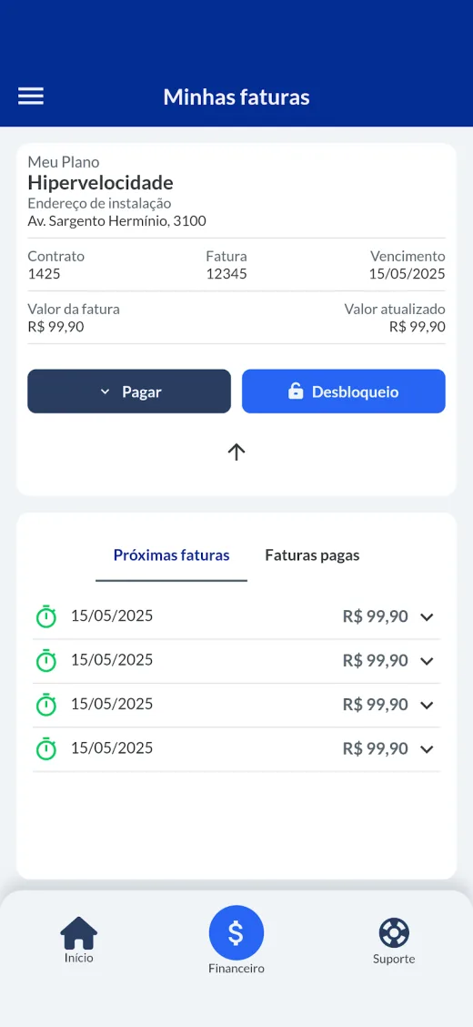 Tela de faturas do app Minha Link Internet