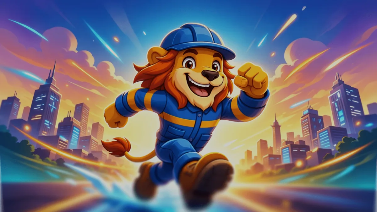 Mascote Link Lion correndo pela cidade
